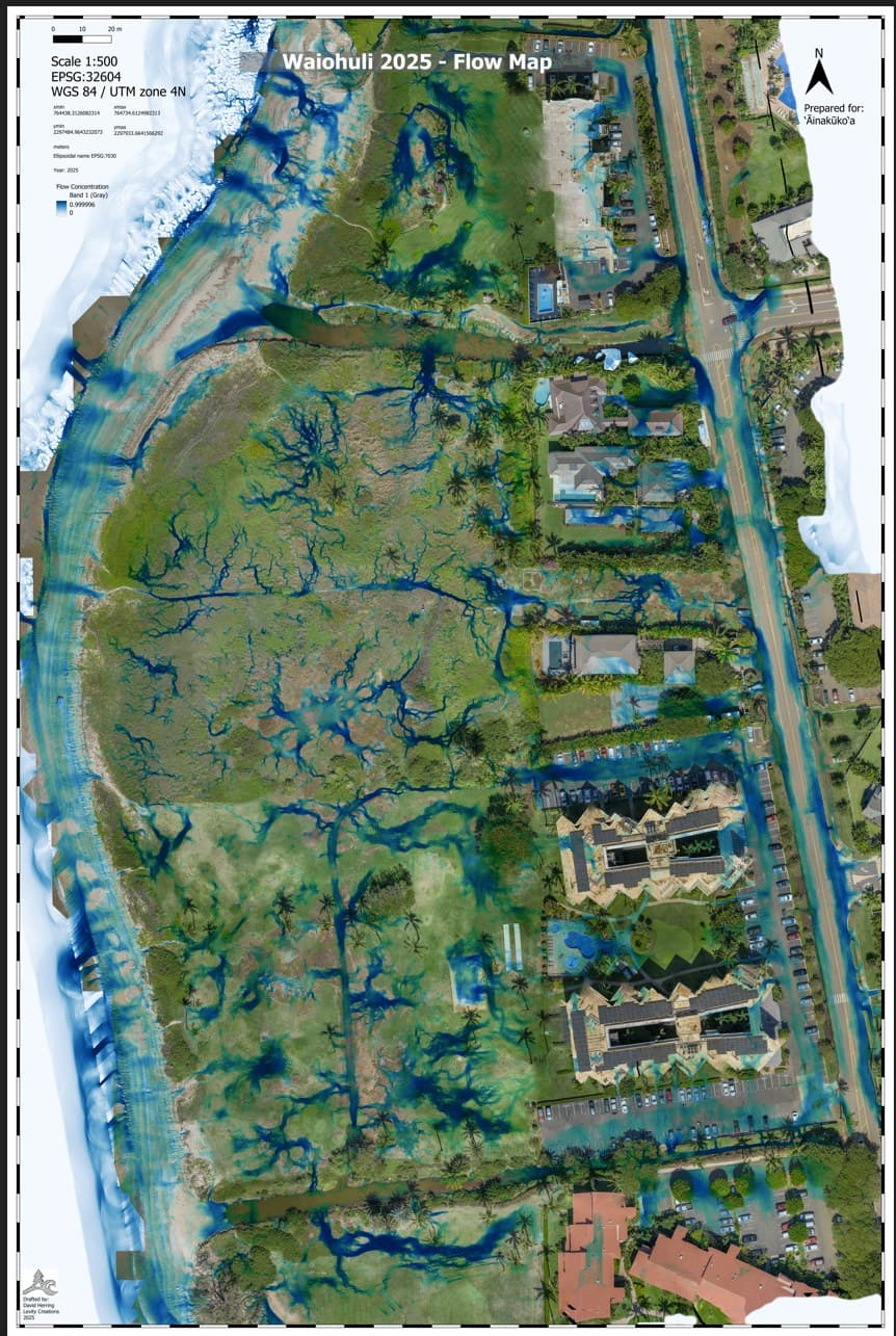 Simulated water-flow map of the Waiohuli Kai wetland