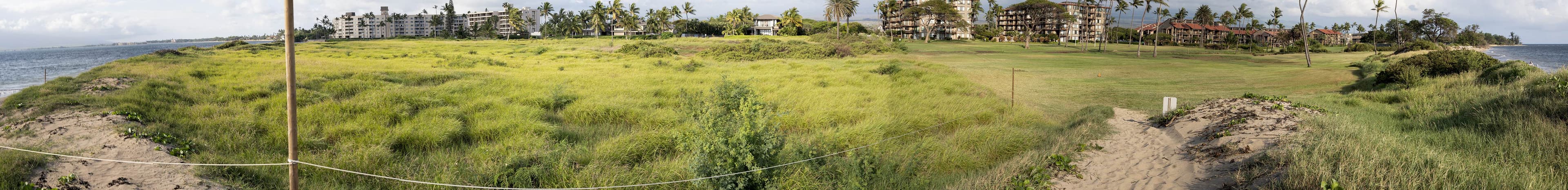 Panorama of the fenced dune path between Waiohuli and Waipuilani with the ocean on both sides